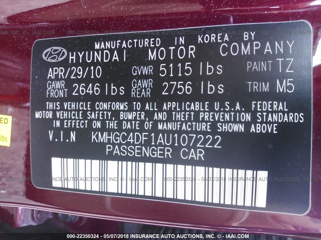 KMHGC4DF1AU107222 - 2010 HYUNDAI GENESIS 4.6L BURGUNDY photo 9