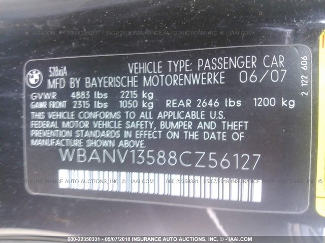 WBANV13588CZ56127 - 2008 BMW 528 XI BLACK photo 9