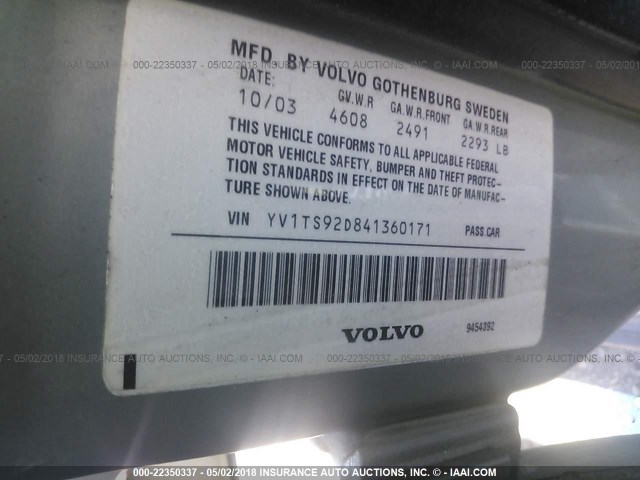 YV1TS92D841360171 - 2004 VOLVO S80 SILVER photo 9