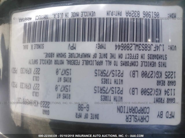 1J4FJ68S3WL280644 - 1998 JEEP CHEROKEE SPORT/CLASSIC მწვანე ფოტო 9