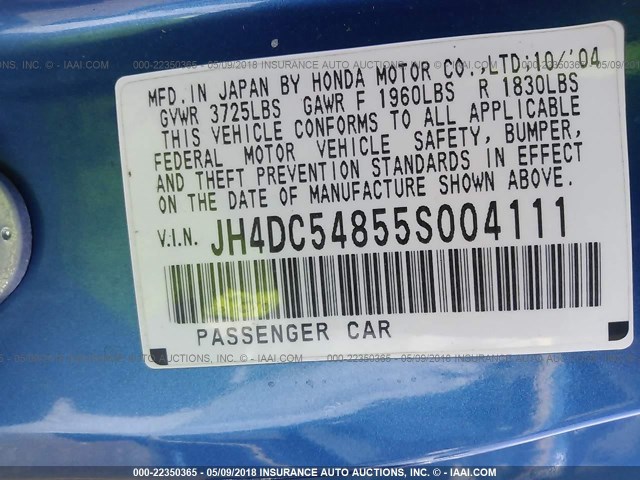 JH4DC54855S004111 - 2005 ACURA RSX BLUE photo 9