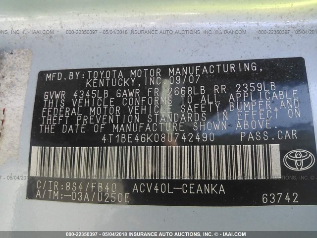 4T1BE46K08U742490 - 2008 TOYOTA CAMRY CE/LE/XLE/SE BEIGE photo 9