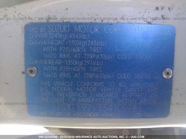 JS3TY92V854105986 - 2005 SUZUKI XL7 EX/LX 白色 照片 9