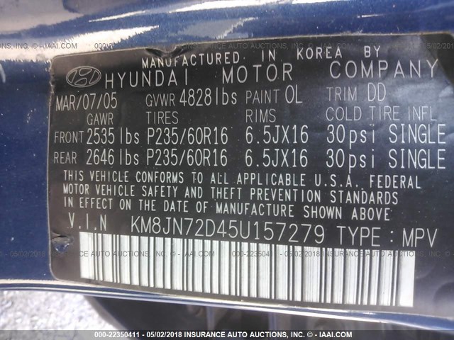 KM8JN72D45U157279 - 2005 HYUNDAI TUCSON GLS/LX BLUE photo 9