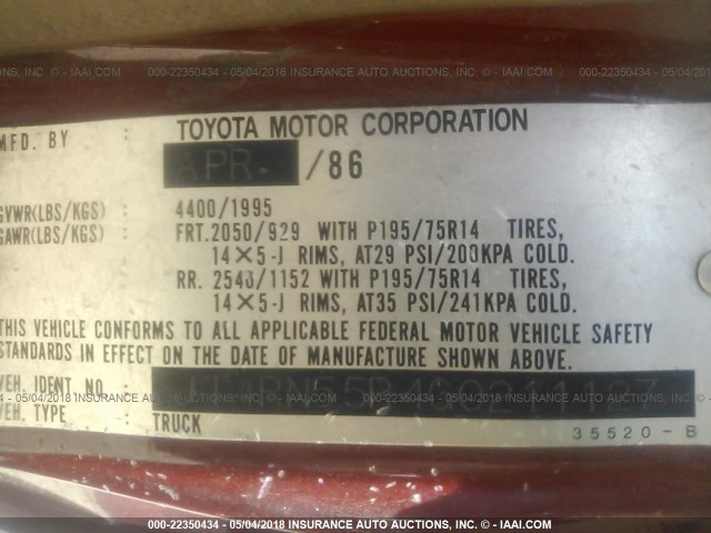 JT4RN55R4G0211127 - 1986 TOYOTA PICKUP 1/2 TON RN55 BURGUNDY photo 9