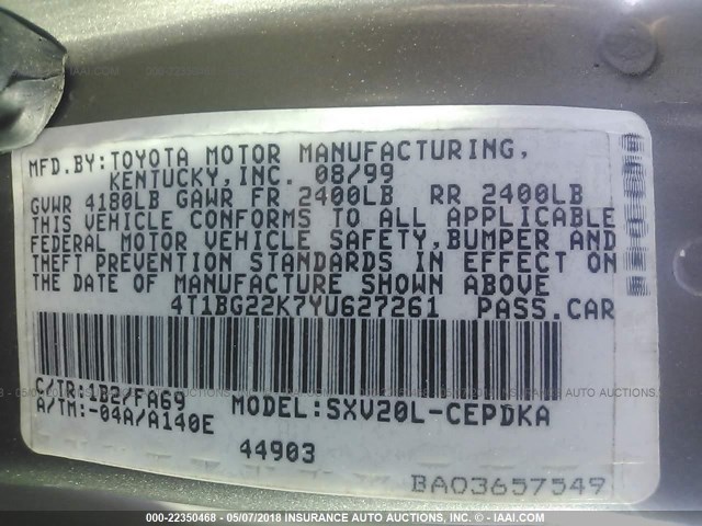 4T1BG22K7YU627261 - 2000 TOYOTA CAMRY CE/LE/XLE 银色 照片 9