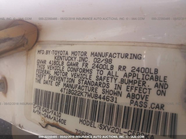 4T1BG22K7WU844631 - 1998 TOYOTA CAMRY CE/LE/XLE 白色 照片 9