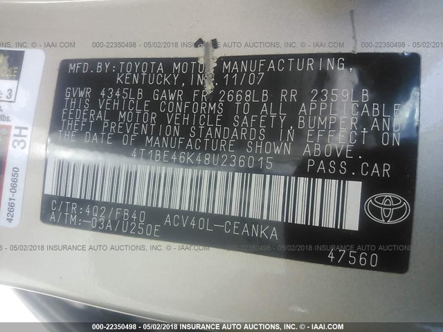 4T1BE46K48U236015 - 2008 TOYOTA CAMRY CE/LE/XLE/SE GOLD photo 9