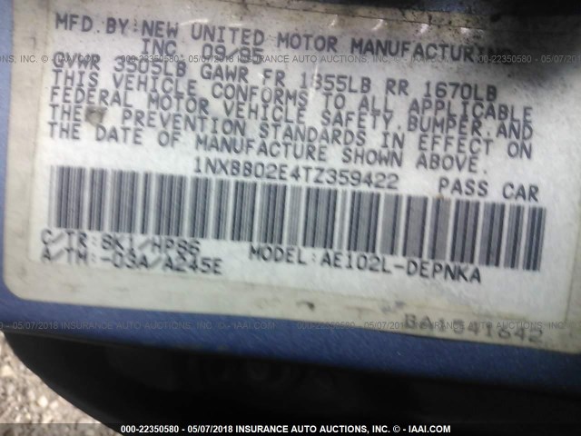 1NXBB02E4TZ359422 - 1996 TOYOTA COROLLA DX BLUE photo 9