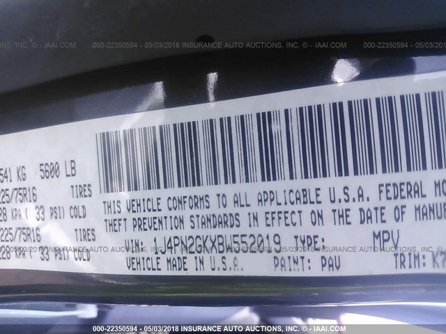 1J4PN2GKXBW552019 - 2011 JEEP LIBERTY SPORT 黑色 照片 9