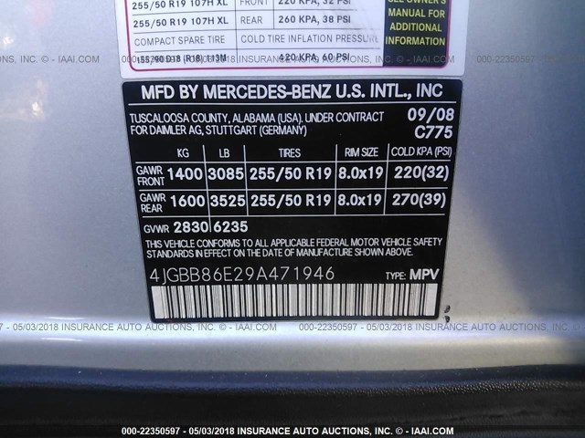 4JGBB86E29A471946 - 2009 MERCEDES-BENZ ML 350 SILVER photo 9