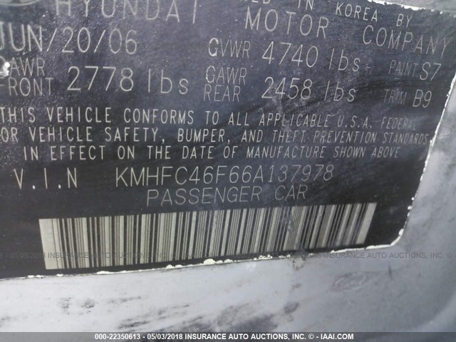 KMHFC46F66A137978 - 2006 HYUNDAI AZERA SE/LIMITED SILVER photo 9