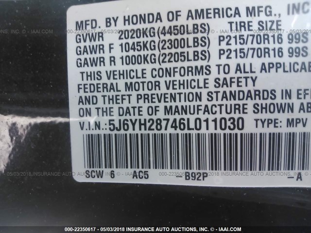 5J6YH28746L011030 - 2006 HONDA ELEMENT EX BLACK photo 9