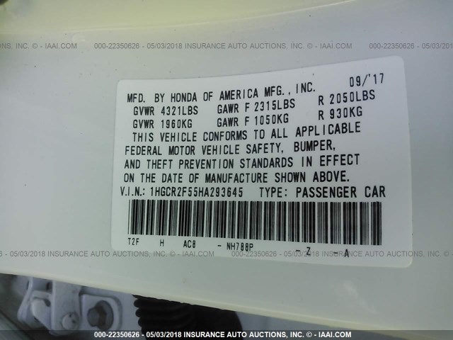 1HGCR2F55HA293645 - 2017 HONDA ACCORD SPORT 白色 照片 9
