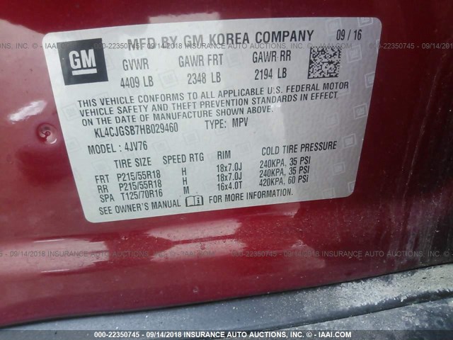 KL4CJGSB7HB029460 - 2017 BUICK ENCORE ESSENCE RED photo 9