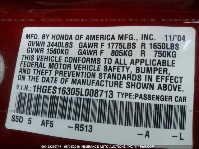 1HGES16305L008713 - 2005 HONDA CIVIC DX VP Qırmızı foto 9