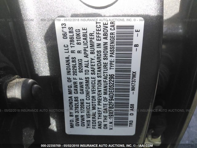 19XFB2F94DE052296 - 2013 HONDA CIVIC EXL GRAY photo 9