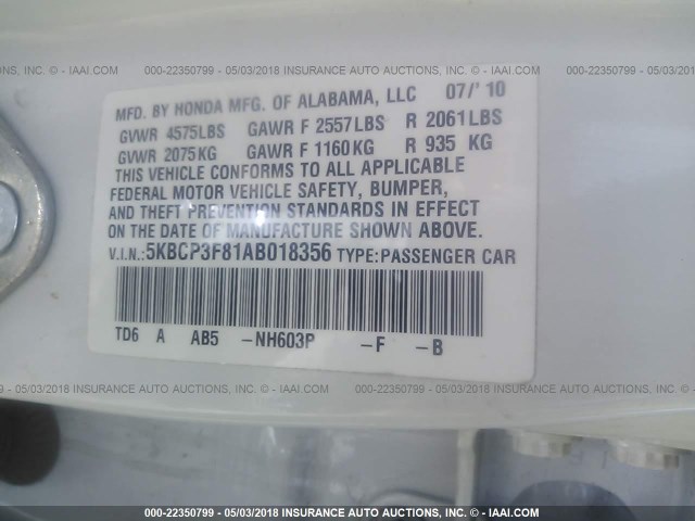 5KBCP3F81AB018356 - 2010 HONDA ACCORD EXL WHITE photo 9