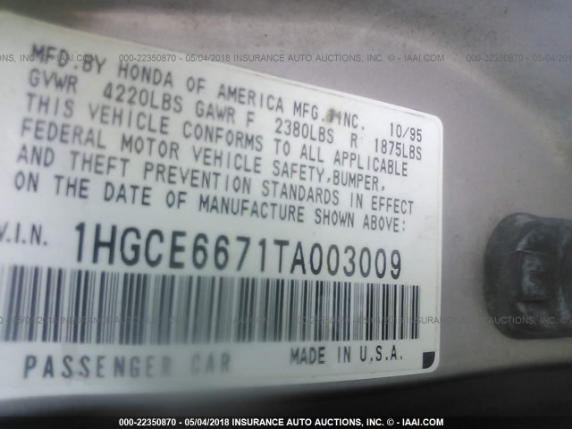 1HGCE6671TA003009 - 1996 HONDA ACCORD EX/EX-R SILVER photo 9