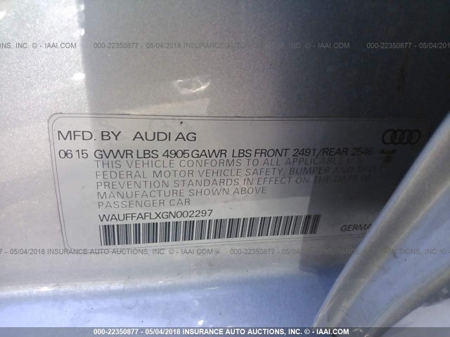 WAUFFAFLXGN002297 - 2016 AUDI A4 PREMIUM PLUS/S-LINE SILVER photo 9