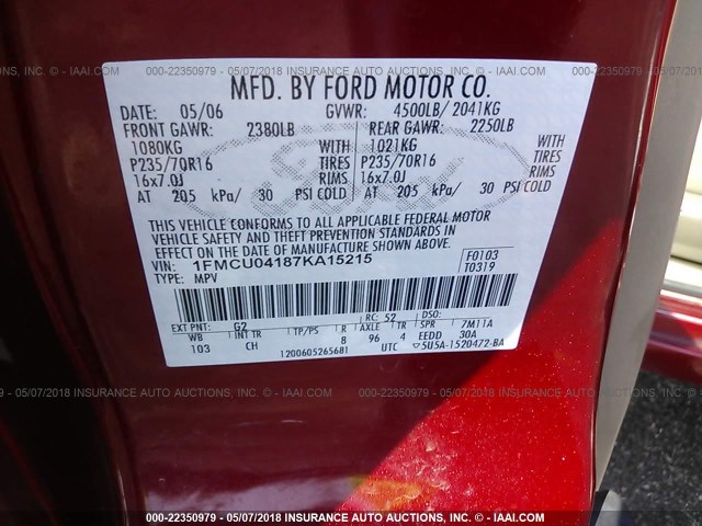 1FMCU04187KA15215 - 2007 FORD ESCAPE LIMITED RED photo 9