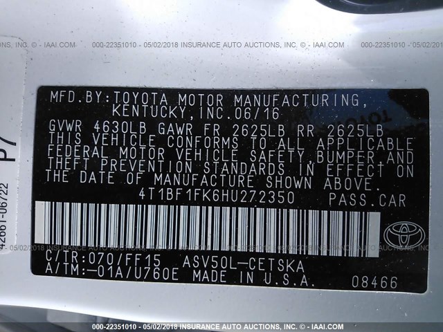 4T1BF1FK6HU272350 - 2017 TOYOTA CAMRY LE/XLE/SE/XSE WHITE photo 9