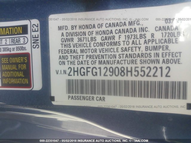 2HGFG12908H552212 - 2008 HONDA CIVIC EXL BLUE photo 9