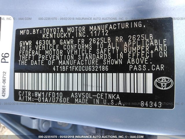 4T1BF1FK0CU632186 - 2012 TOYOTA CAMRY SE/LE/XLE Light Blue photo 9