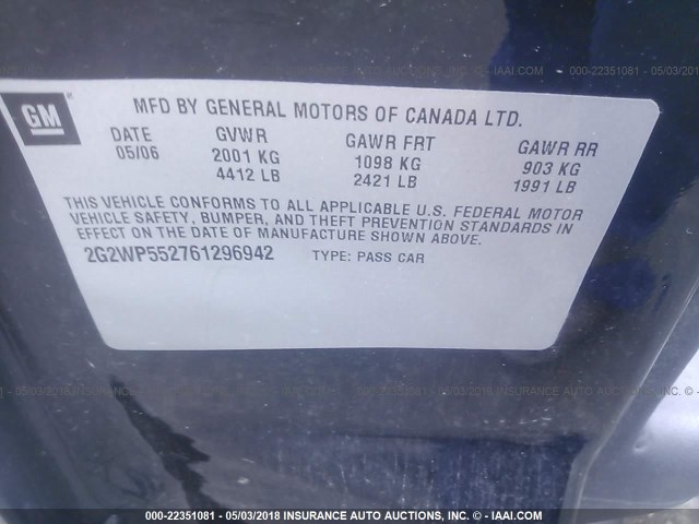 2G2WP552761296942 - 2006 PONTIAC GRAND PRIX BLACK photo 9