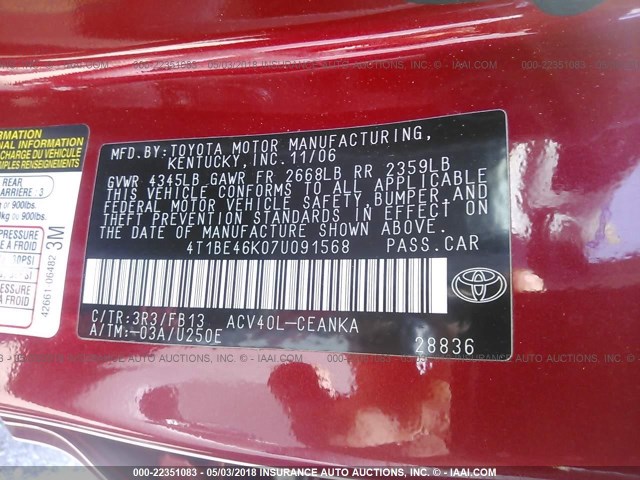 4T1BE46K07U091568 - 2007 TOYOTA CAMRY CE/LE/XLE/SE RED photo 9