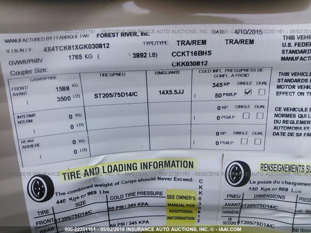 4X4TCK61XGK030812 - 2016 FOREST RIVER CCKT16BHS  白色 照片 9