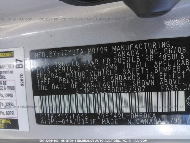 2T1KU40E59C067387 - 2009 TOYOTA COROLLA MATRIX  SILVER photo 9