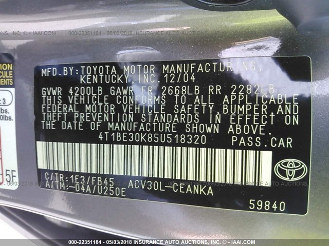 4T1BE30K85U518320 - 2005 TOYOTA CAMRY LE/XLE/SE ნაცრისფერი ფოტო 9