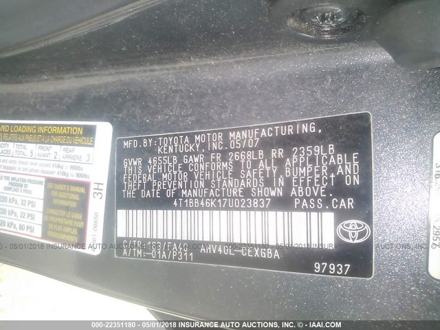 4T1BB46K17U023837 - 2007 TOYOTA CAMRY NEW GENERAT HYBRID GRAY photo 9