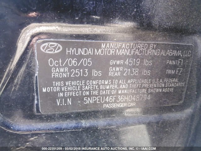 5NPEU46F36H048794 - 2006 HYUNDAI SONATA GLS/LX BLACK photo 9