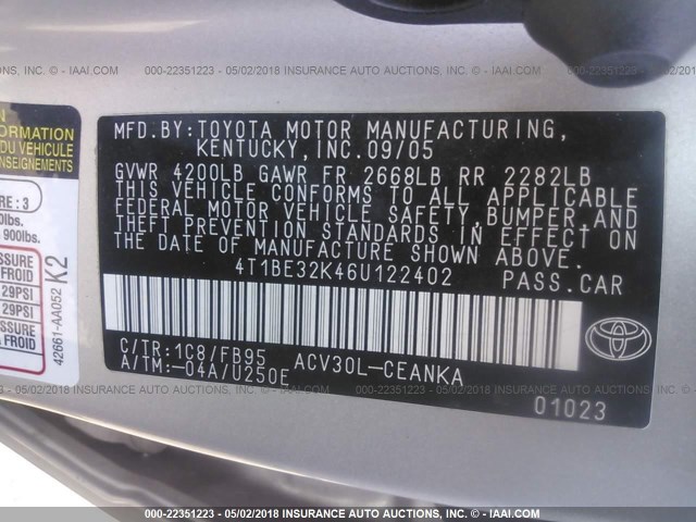 4T1BE32K46U122402 - 2006 TOYOTA CAMRY LE/XLE/SE SILVER photo 9