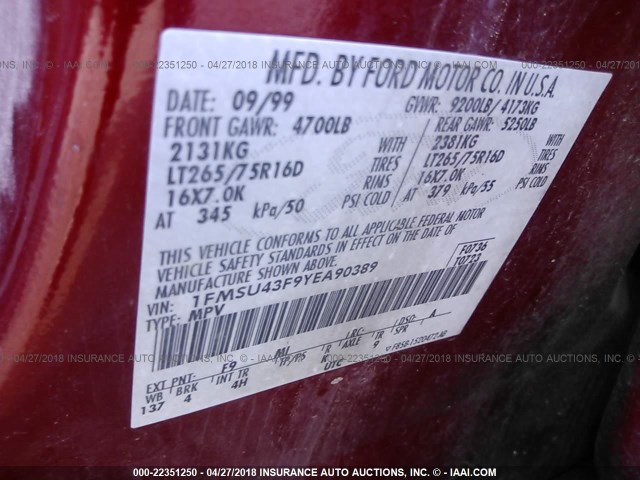 1FMSU43F9YEA90389 - 2000 FORD EXCURSION LIMITED RED photo 9