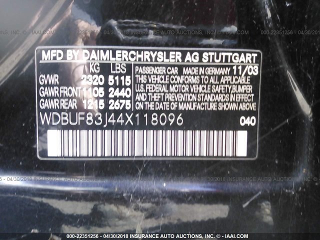 WDBUF83J44X118096 - 2004 MERCEDES-BENZ E 500 4MATIC BLACK photo 9