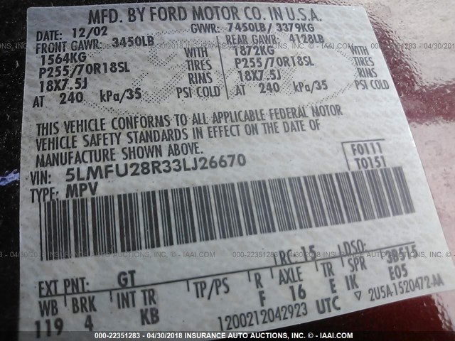 5LMFU28R33LJ26670 - 2003 LINCOLN NAVIGATOR BURGUNDY photo 9