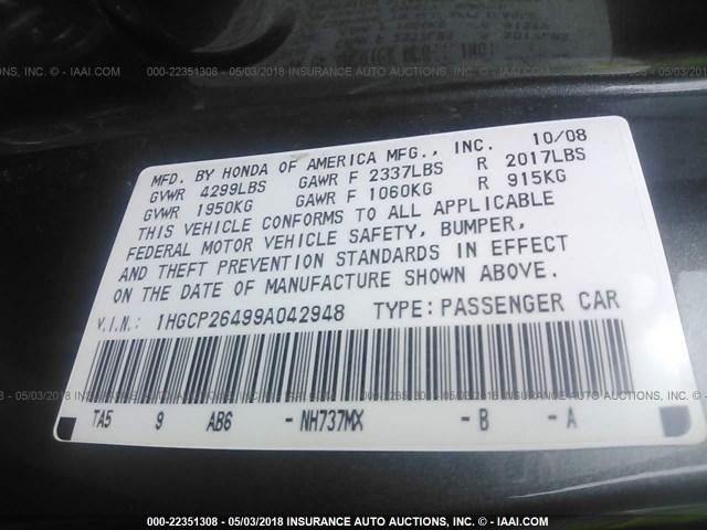 1HGCP26499A042948 - 2009 HONDA ACCORD LXP GRAY photo 9