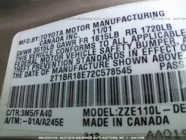 2T1BR18E72C578545 - 2002 TOYOTA COROLLA CE/LE/S GRAY photo 9