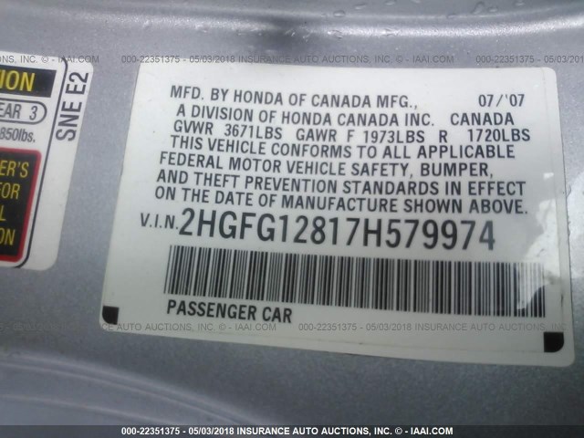 2HGFG12817H579974 - 2007 HONDA CIVIC EX GRAY photo 9