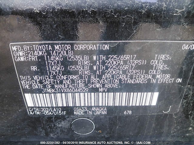 JTMBK31VX86044529 - 2008 TOYOTA RAV4 LIMITED BLACK photo 9