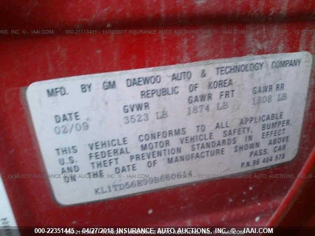 KL1TD56E99B660614 - 2009 CHEVROLET AVEO LS/LT RED photo 9