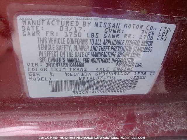 3N1CN7AP2HK444460 - 2017 NISSAN VERSA S/S PLUS/SV/SL RED photo 9