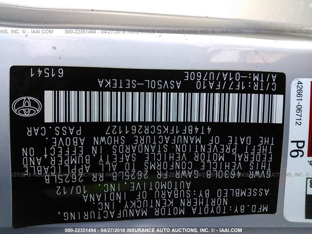 4T4BF1FK5CR261127 - 2012 TOYOTA CAMRY SE/LE/XLE Серебристый фото 9