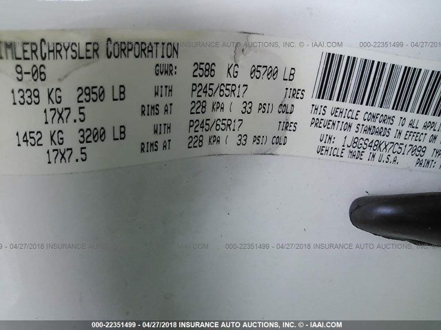 1J8GS48KX7C517099 - 2007 JEEP GRAND CHEROKEE LAREDO/COLUMBIA/FREEDOM 白色 照片 9