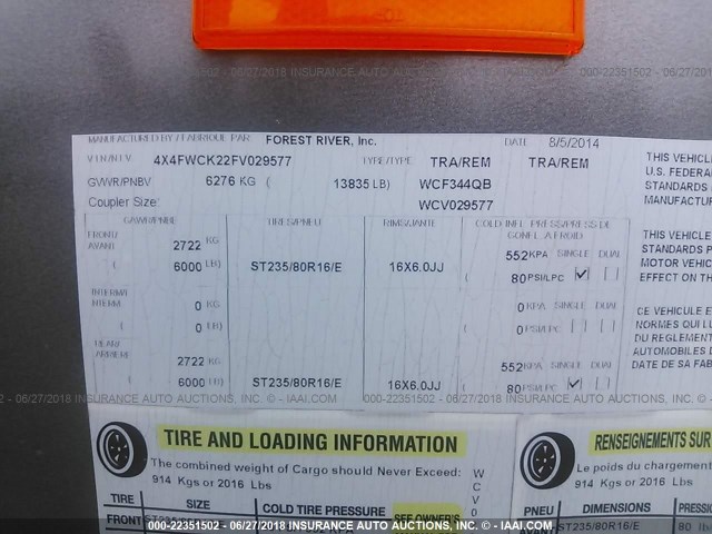 4X4FWCK22FV029577 - 2015 FOREST RIVER WILDCAT  Ağ foto 9