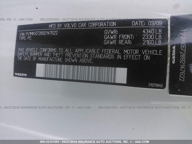 YV1MK672892147622 - 2009 VOLVO C30 T5 WHITE photo 9