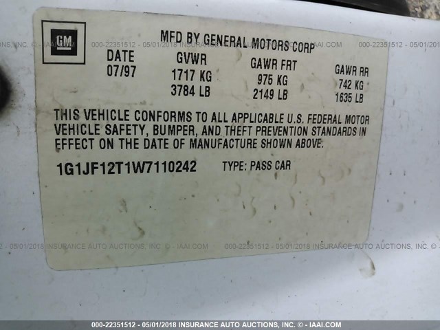 1G1JF12T1W7110242 - 1998 CHEVROLET CAVALIER Z24 WHITE photo 9